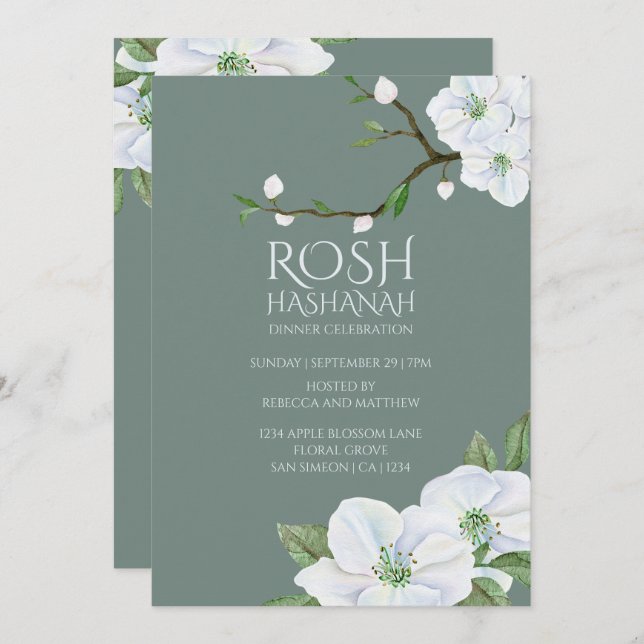 Convites Rosh Hashanah White Apple Blossom (Frente/Verso)