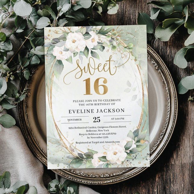 Convites Rosinhas brancas folheadas a ouro oval doce 16 (Greenery white roses gold foil oval sweet 16 invitation)