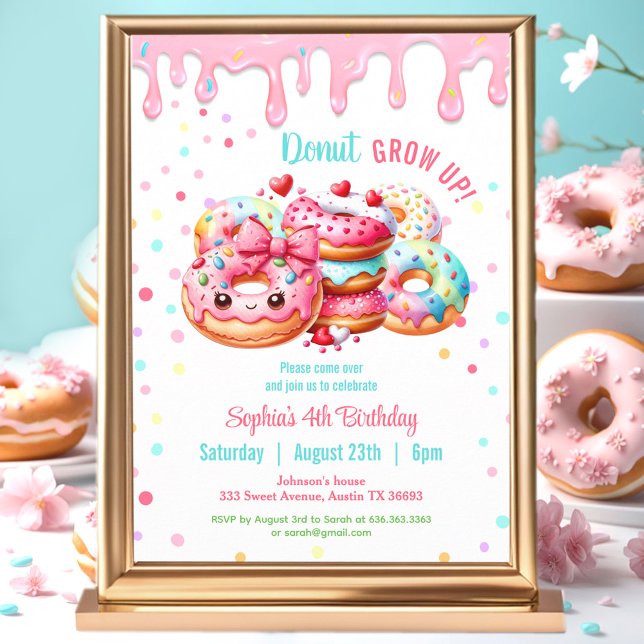 Convites Rosquinha Aniversário Doce Menina Rosa Colorida (Donut Birthday Sweet Cute Pink Colorful Girl Invitation)