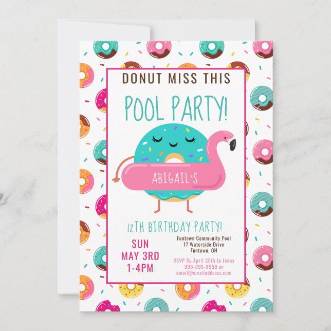Convites Rosquinha Bonita Flamingo, Piscina de Aniversário, (Frente)
