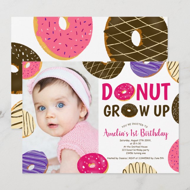 Convites Rosquinha cresce primeiro aniversario de fotos fof (Frente/Verso)