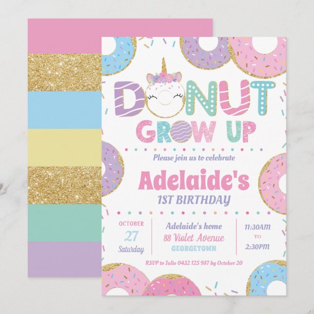 Convites Rosquinha Cresce Unicorn Aniversários de Aniversár (Frente/Verso)