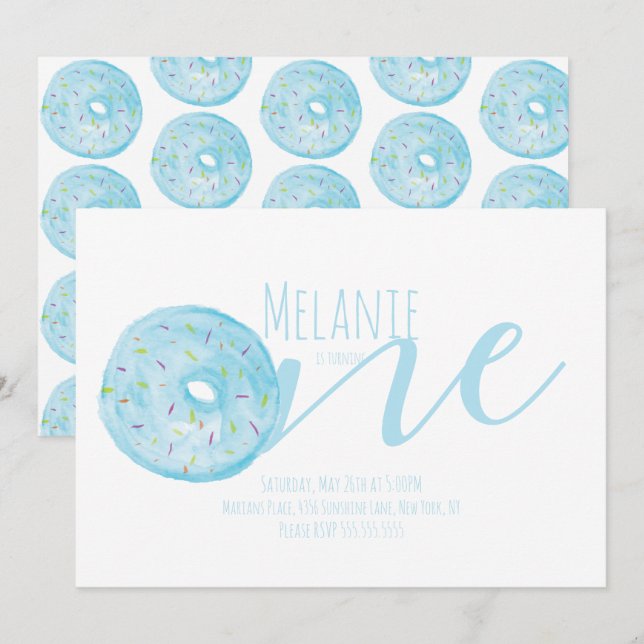 Convites Rosquinha de Aquarela, 1º Aniversário, Doce Azul (Frente/Verso)
