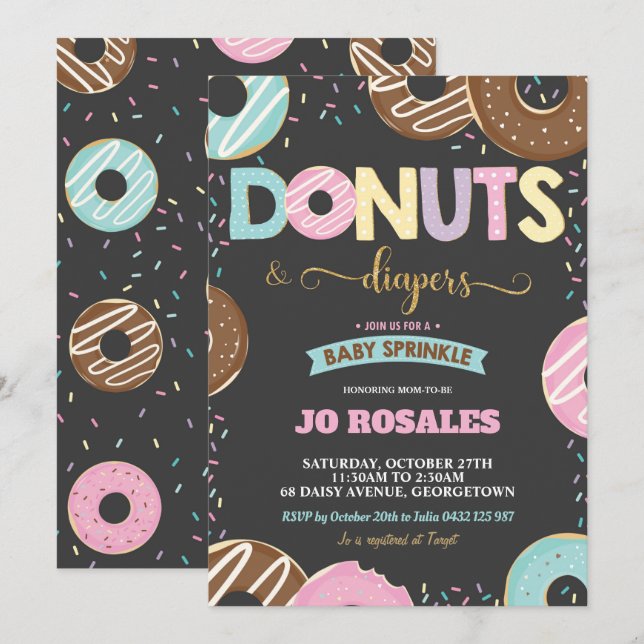 Convites Rosquinha e Fralda Chá de fraldas Sprinkle Doughnu (Frente/Verso)