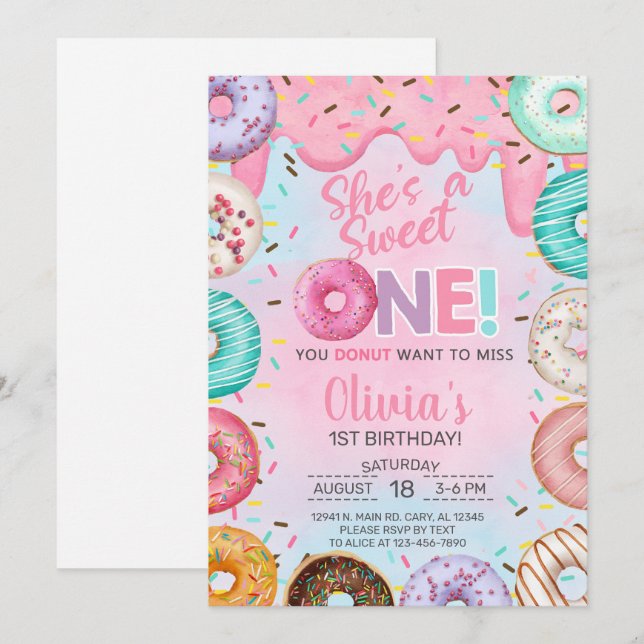 Convites Rosquinha Sweet One Girl primeiro aniversario. (Frente/Verso)