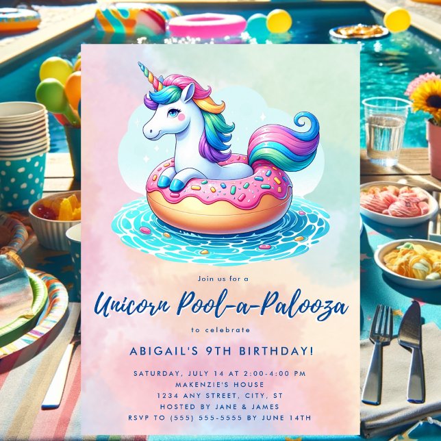Convites Rosquinha Whimsic Rainbow Partido Piscina Unicorn (Unicorn pool party birthday invitation.)