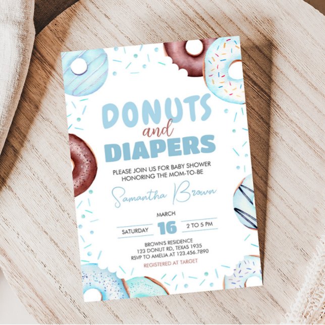 Convites Rosquinhas azuis e Chá de fraldas Fralda (Donuts and Diapers Baby Shower Invitation)