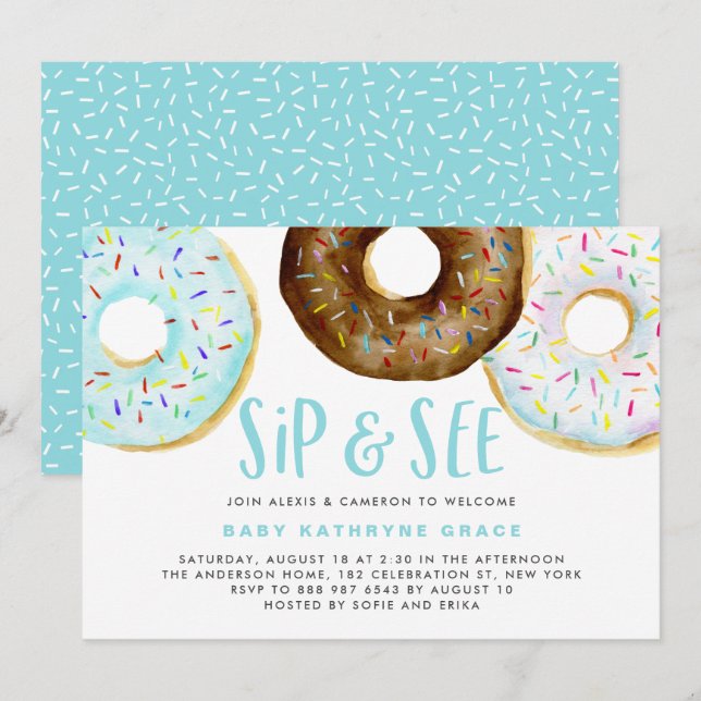 Convites Rosquinhas Azuis e Chocolate Sprinkles Sip and See (Frente/Verso)