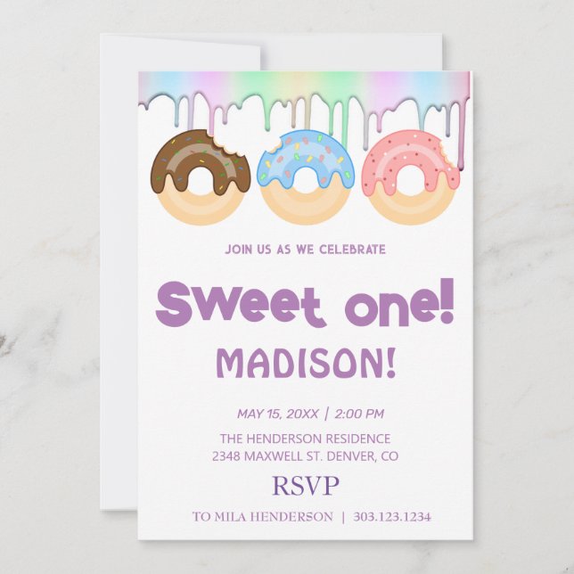 Convites Rosquinhas doces, cores arco-íris, doce primeiro a (Frente)