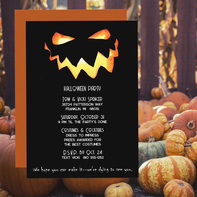 Convites Rosto de Abóbora Brilhante no Halloween (Invite your guests to your costume party with this spooky glowing pumpkin face invitation.)