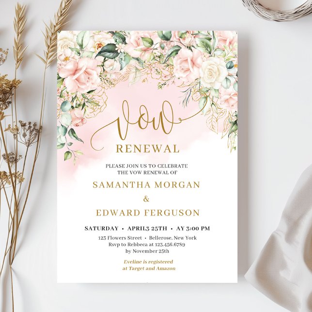 Convites Rosto de tendências rosas rosa suave e renovação d (Ethereal bohemian pink roses sage eucalyptus and gold vow renewal invitation )