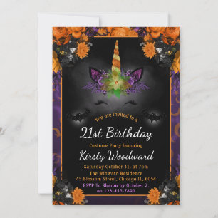 Convites Rosto de Unicórnio Floral de Halloween Aniversário