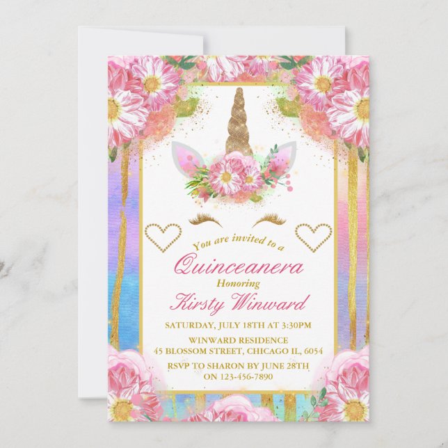 Convites Rosto de Unicórnio Rosa Dourado Quinceañera (Frente)