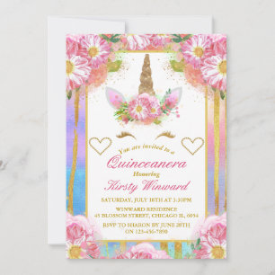 Convites Rosto de Unicórnio Rosa Dourado Quinceañera