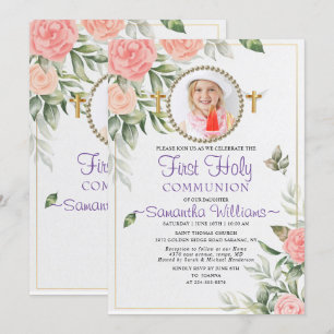 Convites Rosy Watercolor Blush Floral First Communance