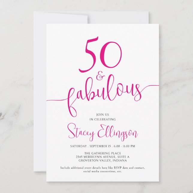 Convites Rota e Fabuloso Script Rosa Aniversário de 50 anos (Frente)