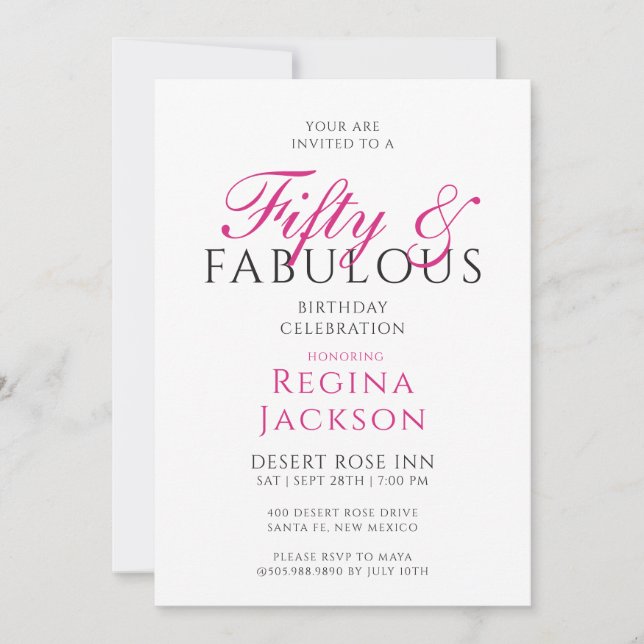 Convites Rota e Fabuloso Script Rosa Aniversário de 50 anos (Frente)