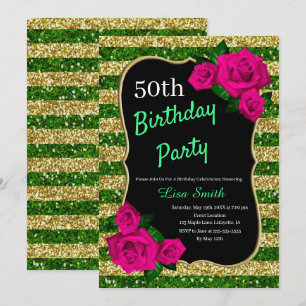 Convites Rotas Douradas Verdes de Aniversário Glitter Rosas