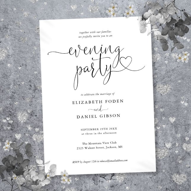 Convites Roteiro Corações Elegantes Festa de Casamento Notu (Elegant Hearts Script Wedding Evening Party Invitation)