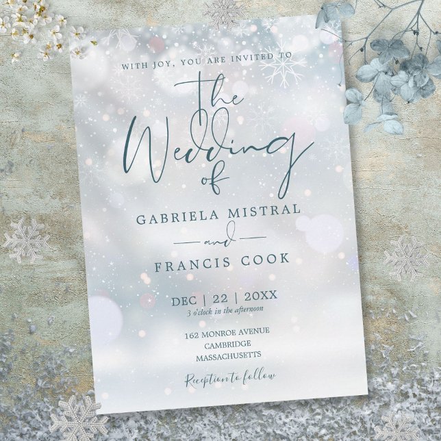 Convites Roteiro de Casamento de Inverno Flocos de Neve (Winter Wonderland Script Snowflakes Wedding Invitation)