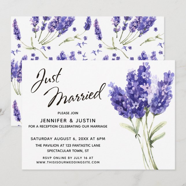 Convites Roteiro de Casamento, Flores de Lavanda em Aquarel (Frente/Verso)