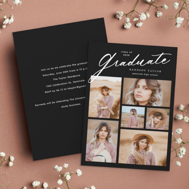 Convites Roteiro de Graduado Elegante Colagem de 6 fotos Gr (Elegant simple black and white 6 photo collage graduation invitation.)