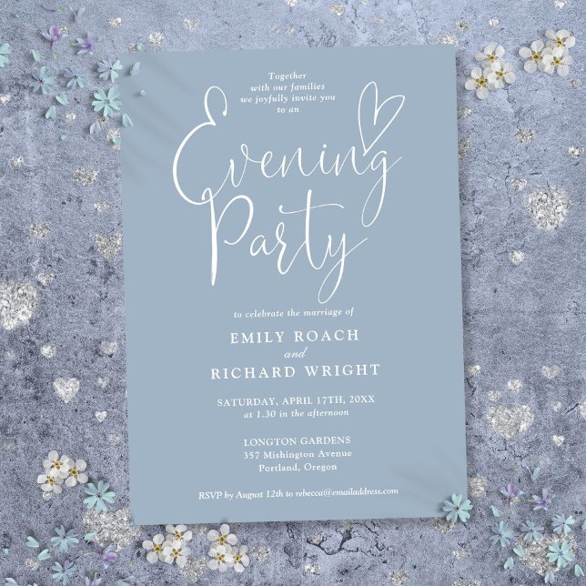 Convites Roteiro Elegante Azul Desbotado Festa de Casamento (Elegant Script Dusty Blue Wedding Evening Party Invitation)