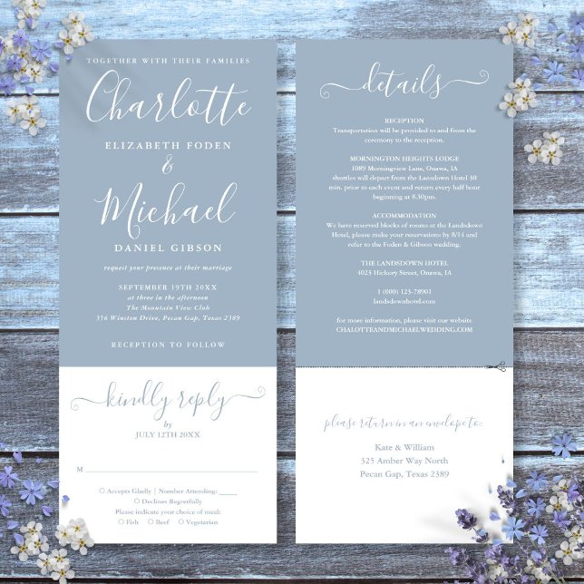 Convites Roteiro Elegante Azul Dusty Tudo Em Um Casamento (Dusty Blue Elegant Script All In One Wedding Invitation)