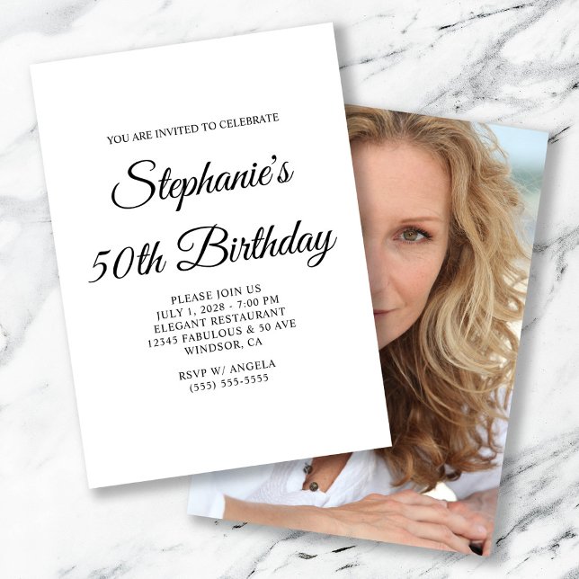 Convites Roteiro Elegante Foto 50th Birthday (Elegant Script Back Photo 50th Birthday Invitation)
