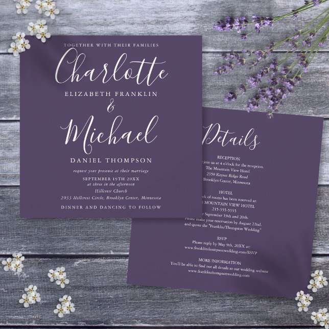 Convites Roteiro Elegante Roxo Tudo Em Um Casamento (Purple Elegant Script All In One Wedding Invitation)