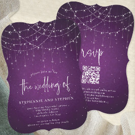 Convites Roteiro Informal Luzes de String Roxo QR Casamento