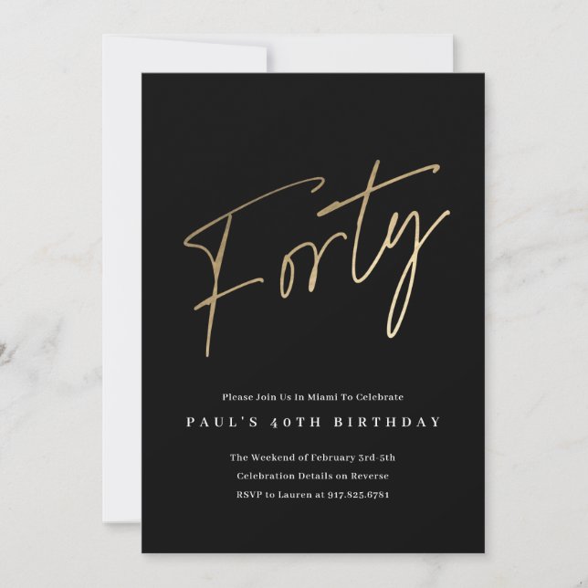Convites Roteiro Minimalista Preto e Dourado Aniversário de (Frente)