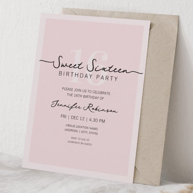 Convites Roteiro Moderno Simples Sweet 16 Dezesseis Rosa Be (Simple Modern Script Sweet 16 Sixteen Blush Pink Invitation)