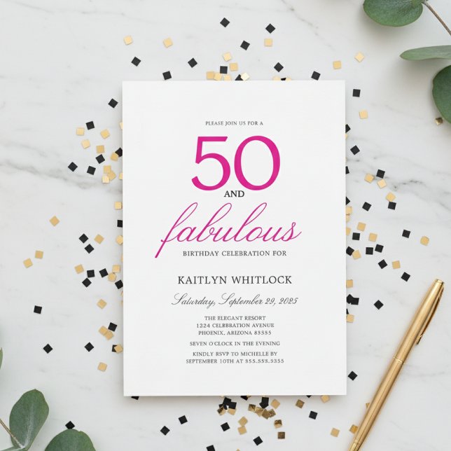 Convites Roteiro Rosa Simples 50 e Fabuloso Aniversário de  (modern elegant pink script fifty and fabulous 50th birthday party invitation with full photo)