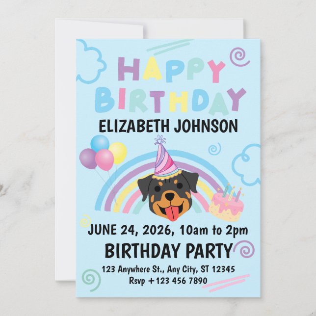 Convites Rottweiler Birthday Party Invitation Blue (Frente)