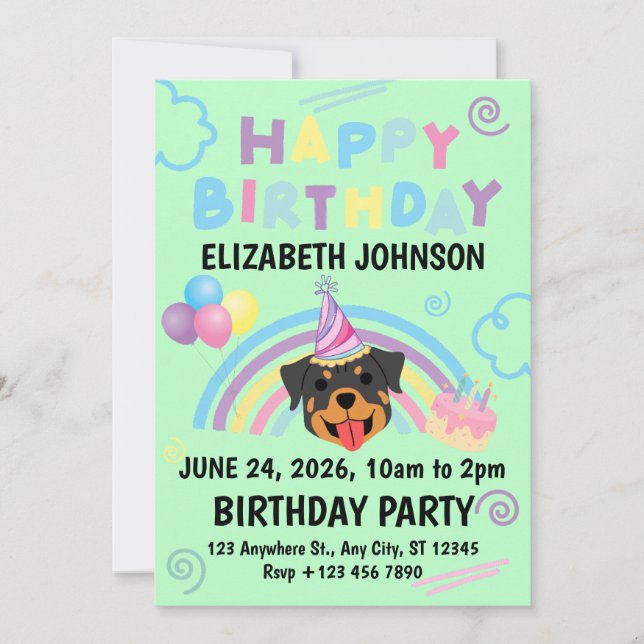 Convites Rottweiler Birthday Party Invitation Green (Frente)