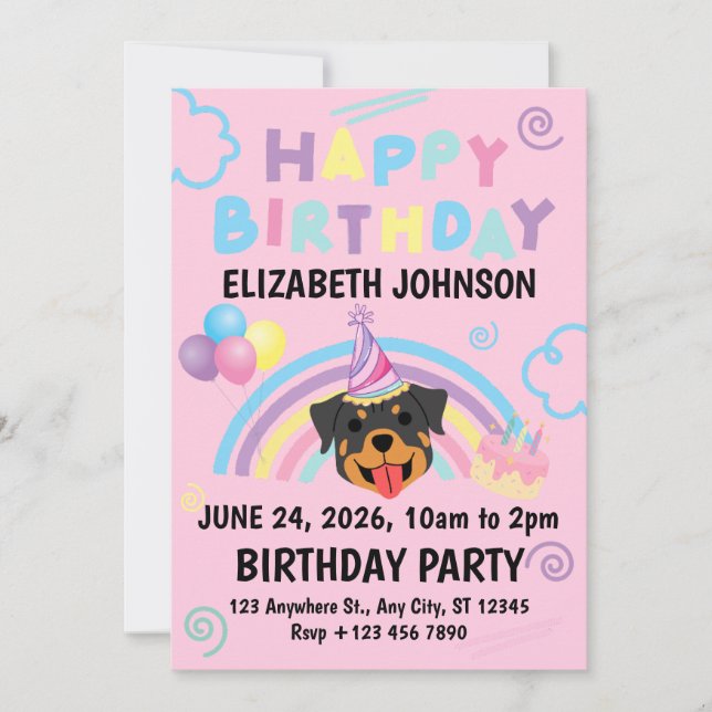 Convites Rottweiler Birthday Party Invitation Pink (Frente)
