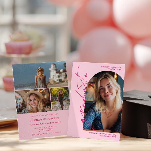 Convites Rótulo de formatura em neon rosa com escrita moder (Modern Script neon pink graduate photo graduation Invitation)