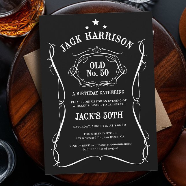 Convites Rótulo de Uísque Preto Branco Antigo Nº 50º Aniver (birthday party invitation for men 50th whiskey bourbon bottle label white black old no)