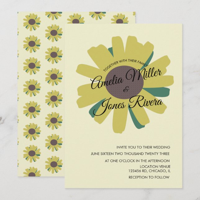 Convites Rótulo Simples de Girassol Verde Amarelo Noivado (Frente/Verso)