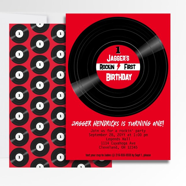 Convites Rótulo Vermelho do Registro de Vinilo de Aniversár (Vinyl record rock and roll first birthday invitation.)