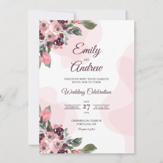 Convites Rouge Berri Plum Elegante Floral Aquarela Casament