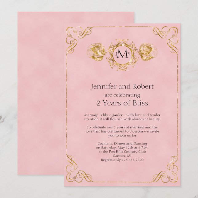 Convites Rouge e Algodão Dourado 2º Aniversário de Casament (Frente/Verso)