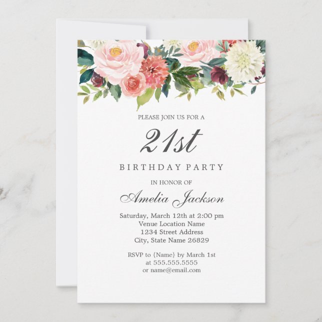 Convites Rouge Floral Botânico de Pêssego Aniversário de 21 (Frente)