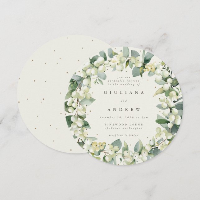 Convites Round Cream Snowberry+Eucalyptus Wreath Casamento (Frente/Verso)
