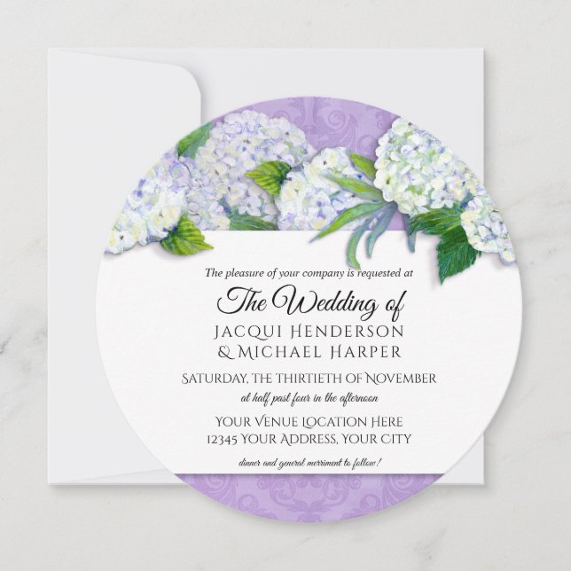 Convites Round Damask Hydrangea Purple Floral Casamento (Frente)