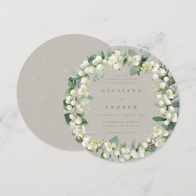 Convites Round Greige Snowberry+Eucalyptus Wreath Casamento (Frente/Verso)