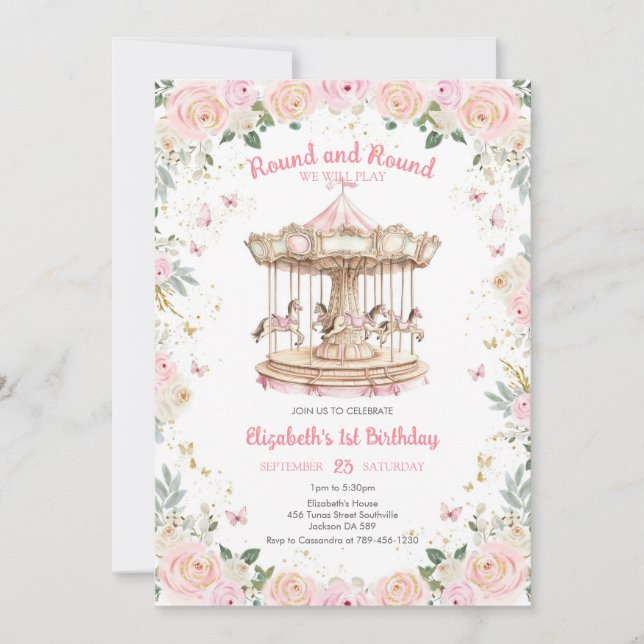 Convites Round & Round Floral Carousel Birthday Invitation (Frente)