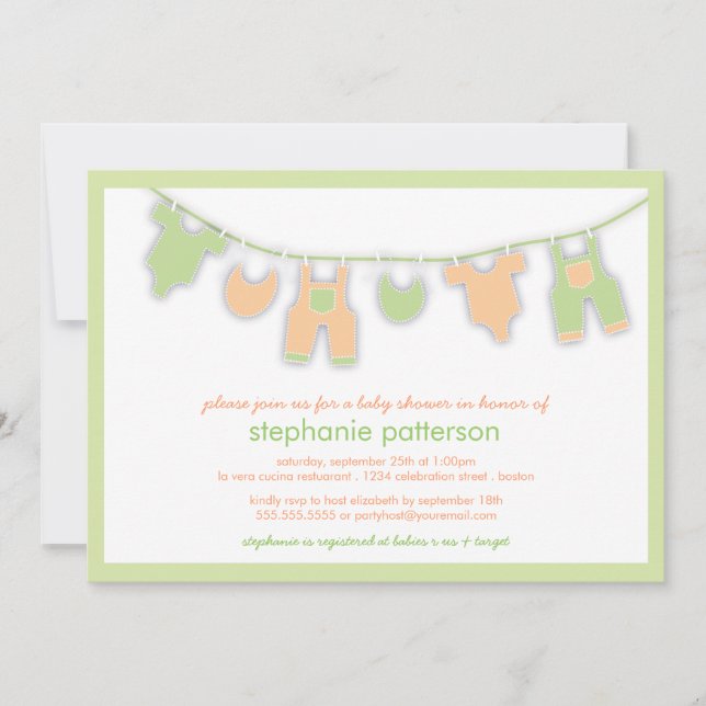 Convites Roupa bonito do bebê na linha chá de fraldas do (Frente)