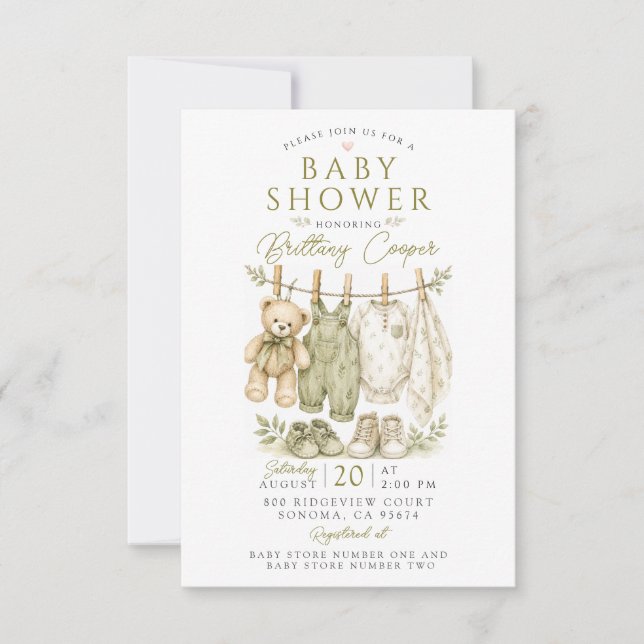 Convites Roupa de Bebê Varal Chá Bebê Shower Verde (Frente)